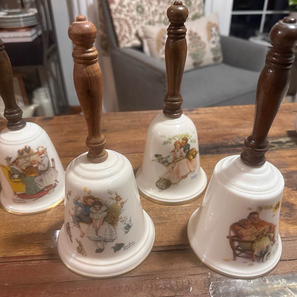 Norman Rockwell Vintage Ceramic Bells with Wooden Handles